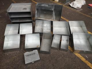 13x Assorted Custom Galvanised Steel Workshop Storage Bins & Shelving Units