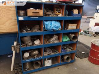 Workshop Storage Shelf w/ Assorted Industrial Fittings, Clamps, & More