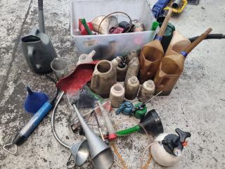 Assorted Automotive Fluid Funnels, Dispensing Cans, Hoses, & More