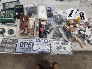 Assorted Motorcycle Parts, Accessories, Signage