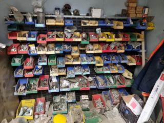 Assorted Fastening Hardware Bin Rack & More