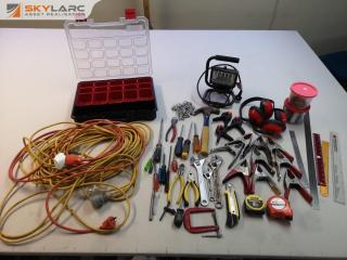 Assorted Lot of Hand Tools, Power Lead, & More