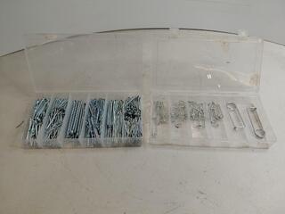 Assorted split pins and wire clips in plastic case