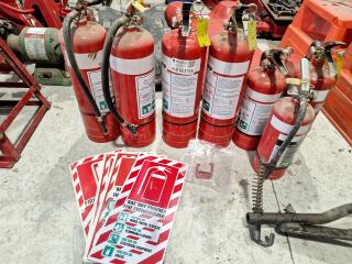 7 Assorted ABE Dry Powder Fire Extinguishers and Signs.