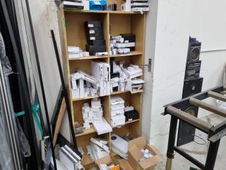Shelf of Assorted Glass Panel Fittings, Hinges, Handles, & More