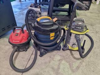 3x Workshop Vacuums by Ryobi and ToolPro