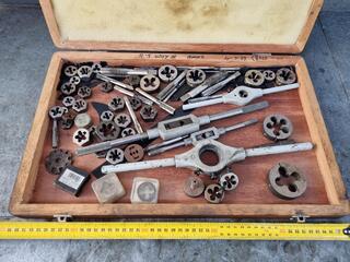 Assorted Loose Drill Taps & Dies w/ Vintage Wood Case