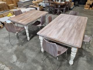 2x Antiqued Wood Tables w/ 7x Antiqued Stacking Chairs