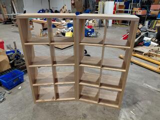 Wooden cubby shelving unit