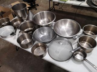 14x Assorted Stainless Pots, Strainers, Bucket & More